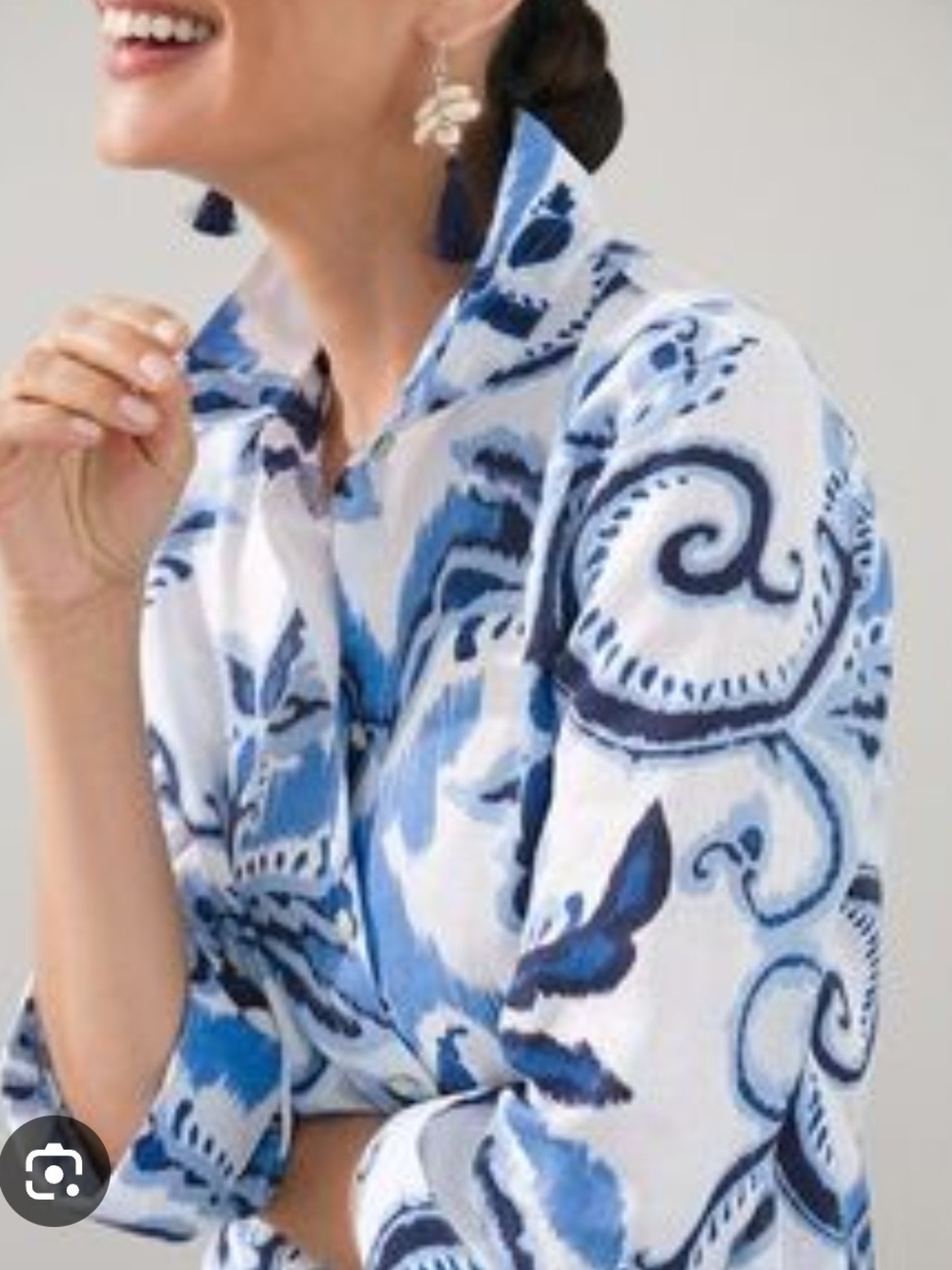 Chico's Blue Paisley Button-Down Shirt Top Blouse 3/4 Sleeve 100% Linen Size XL